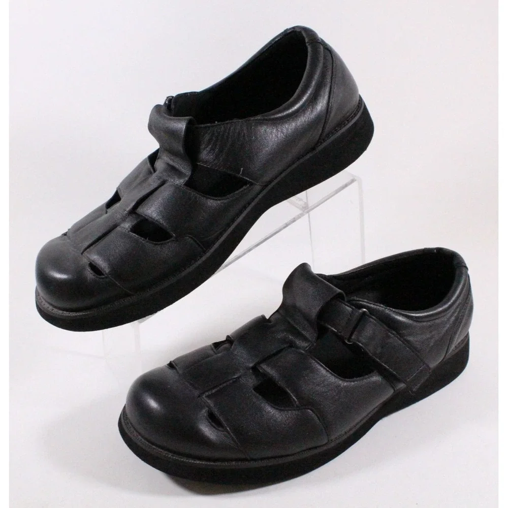Propet Mens 13 XX (5E) Black Leather Fisherman Sandals Orthopedic Shoes MPED9‎